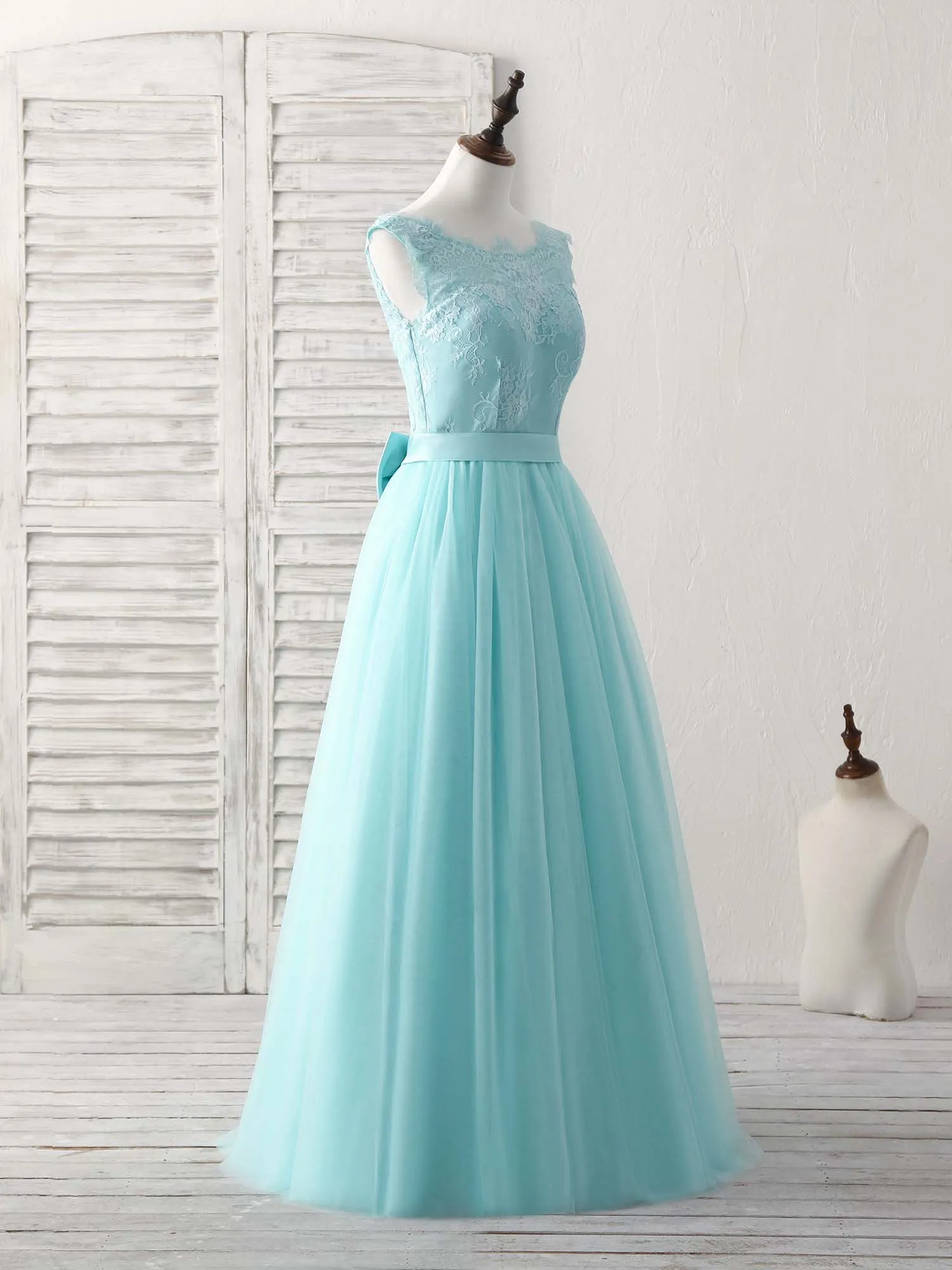 Green Round Neck Lace Tulle Long Prom Dress, Evening Dress