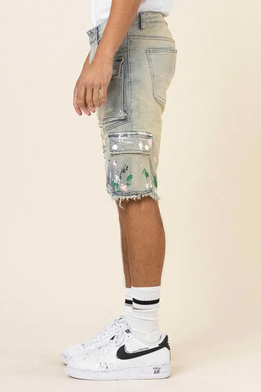 Hand Painted Multi Cargo Denim Shorts