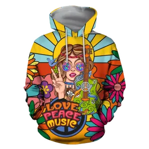 Hippie Hoodie Peace Love Music 3D All Over Printed Guitar Hippie Hoodies Gift