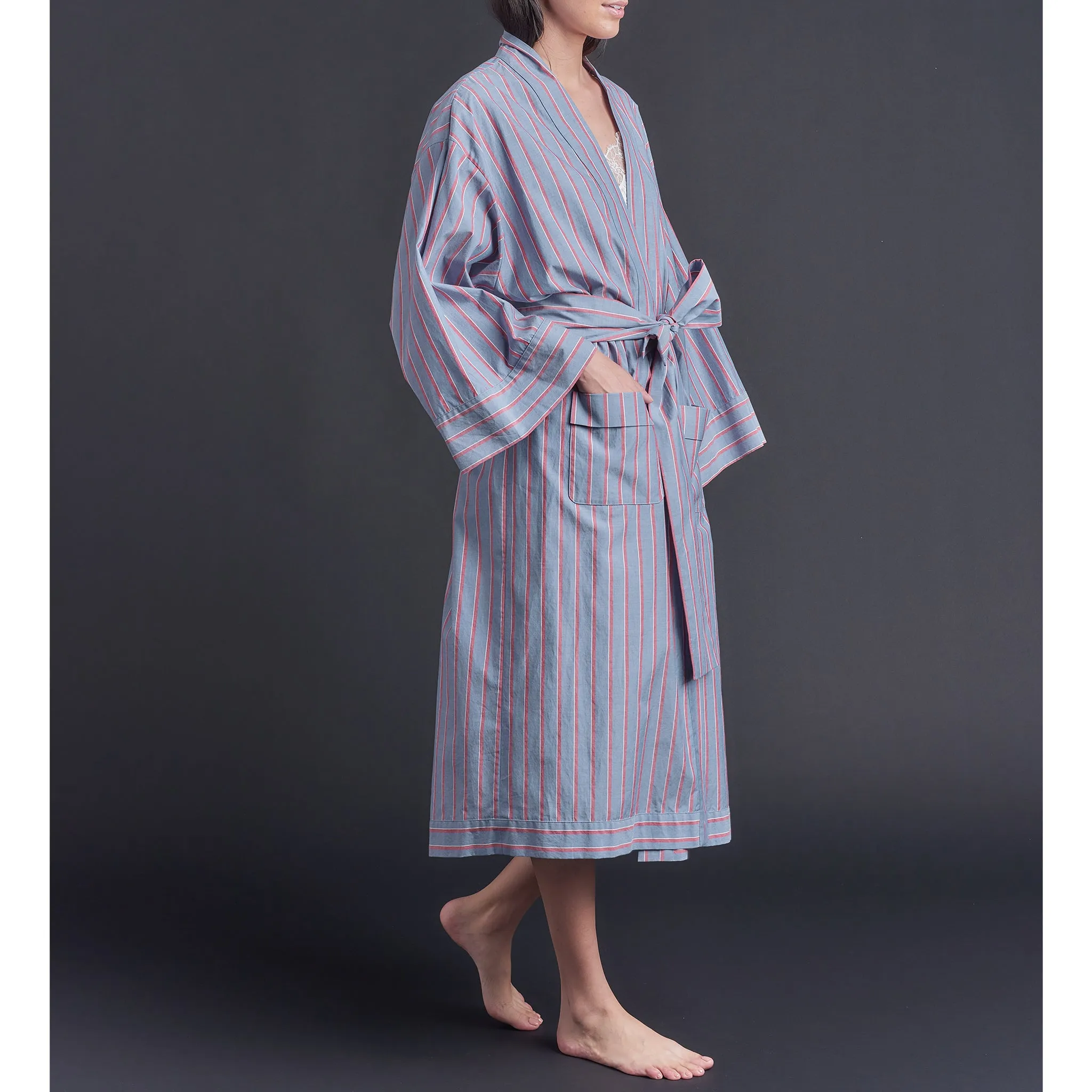 Hydros Unisex Cotton Spa Robe - Blue   Red Wide Stripe