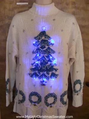 Ivory Tneck with Tree Light Up Cheesy Christmas Sweater