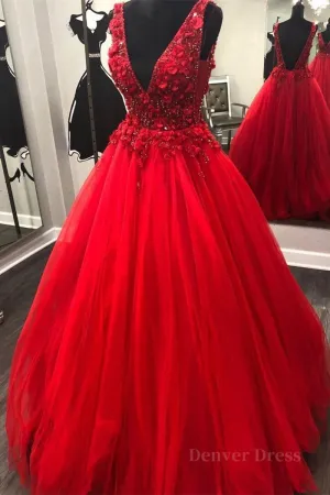 kamahe V Neck Open Back Beading Red Long Prom Dress with 3D Flower, V Neck Red Formal Dress, Red Evening Dress