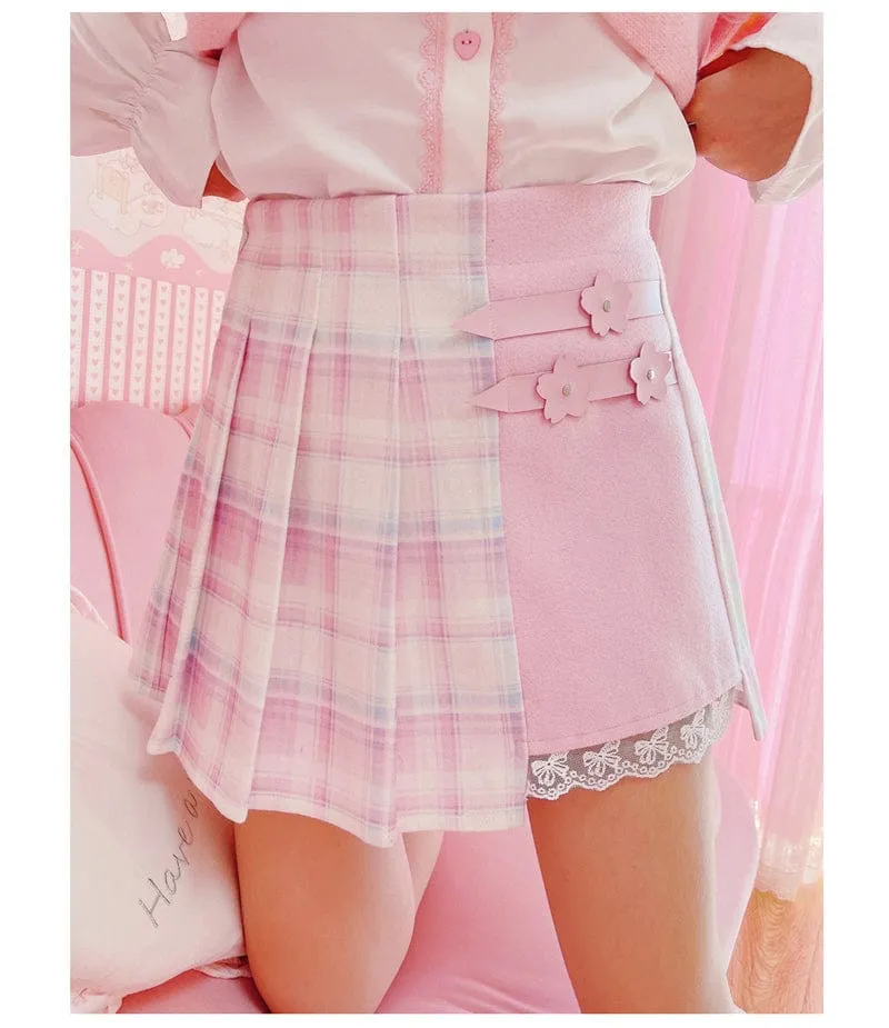 Kawaii Patchwork Plaid Sakura Skirt