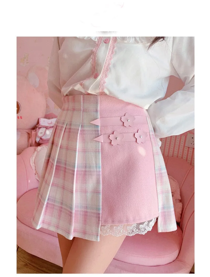 Kawaii Patchwork Plaid Sakura Skirt