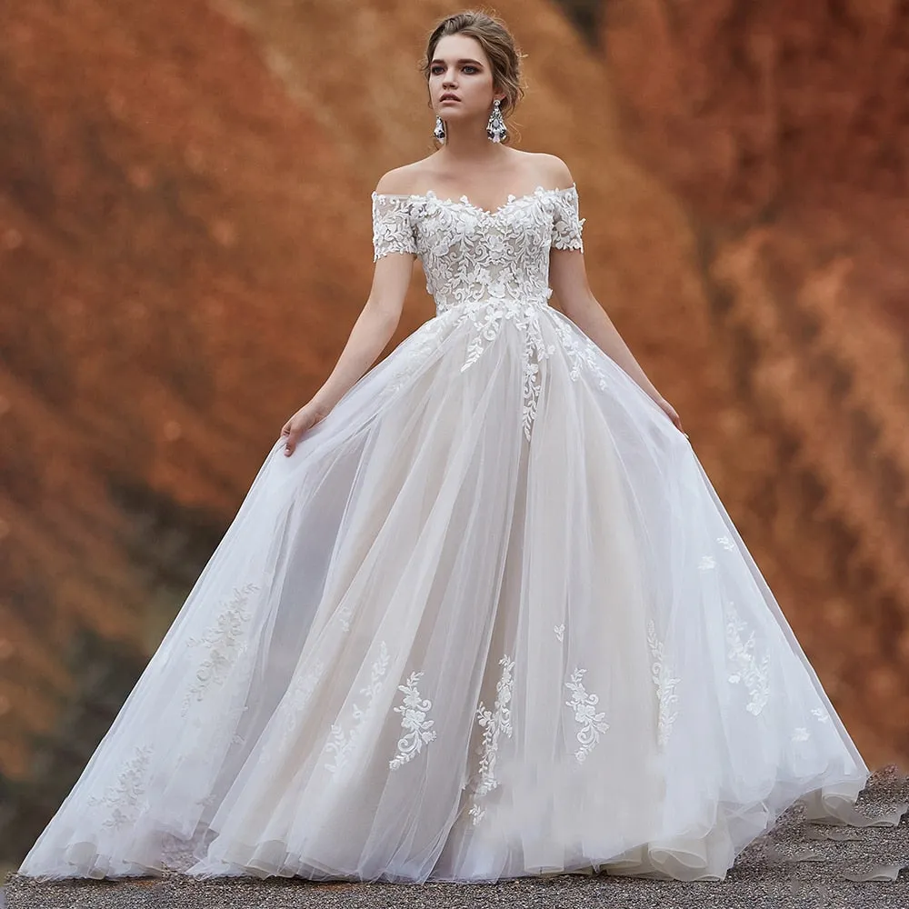 Lace Tulle Off Shoulder A Line Wedding Bridal Gown