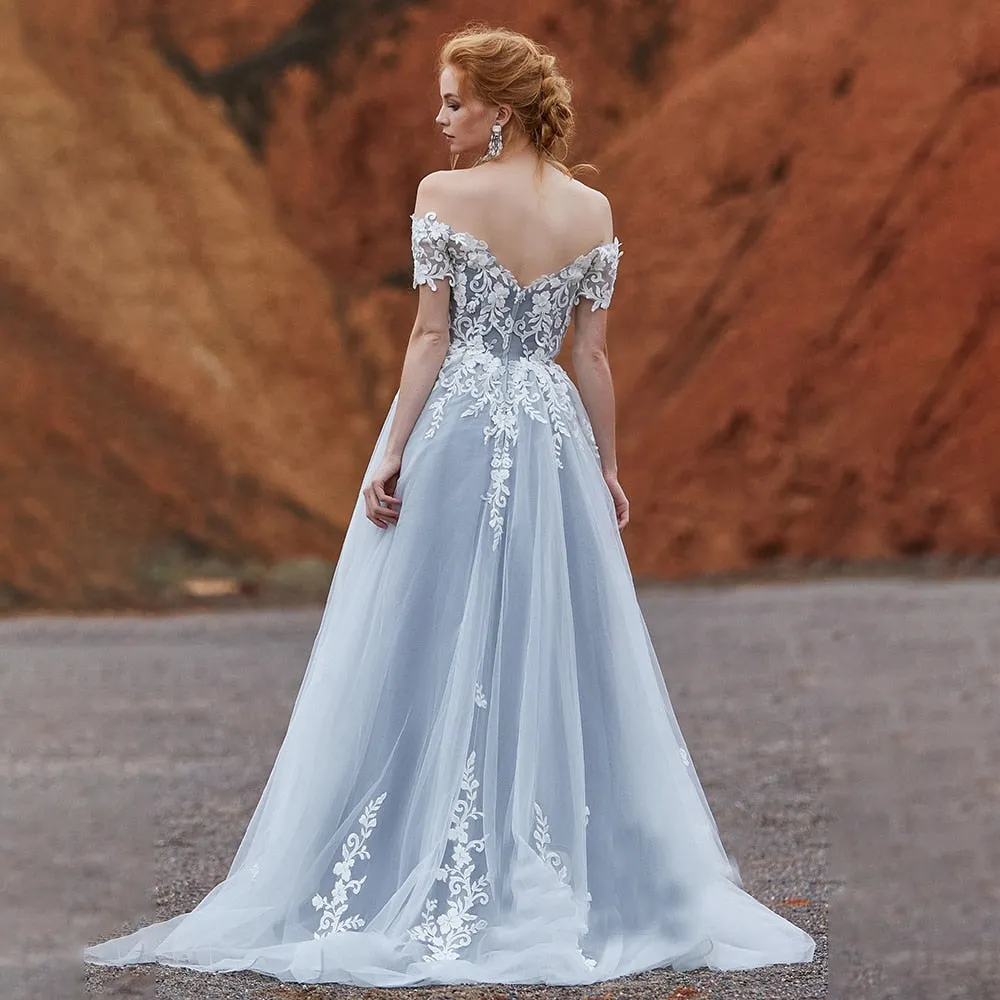 Lace Tulle Off Shoulder A Line Wedding Bridal Gown