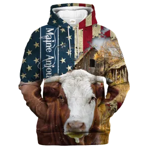 Maine-Anjou Farm With America Flag Hoodie