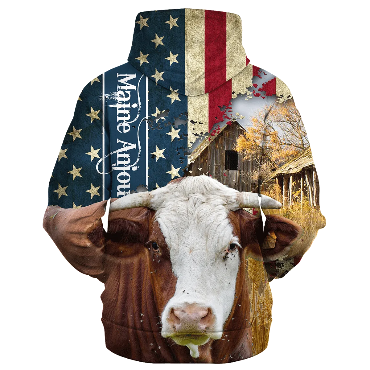 Maine-Anjou Farm With America Flag Hoodie