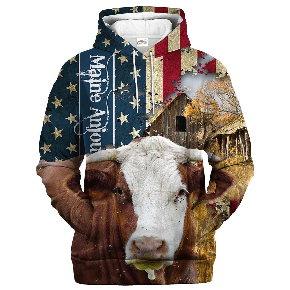 Maine-Anjou Farm With America Flag Hoodie