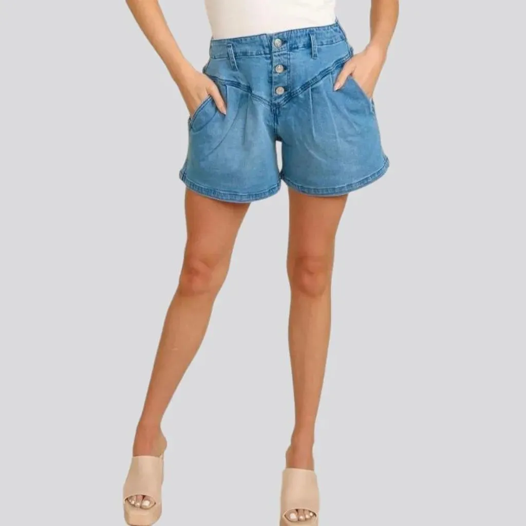 Medium-wash wide-leg women's denim shorts