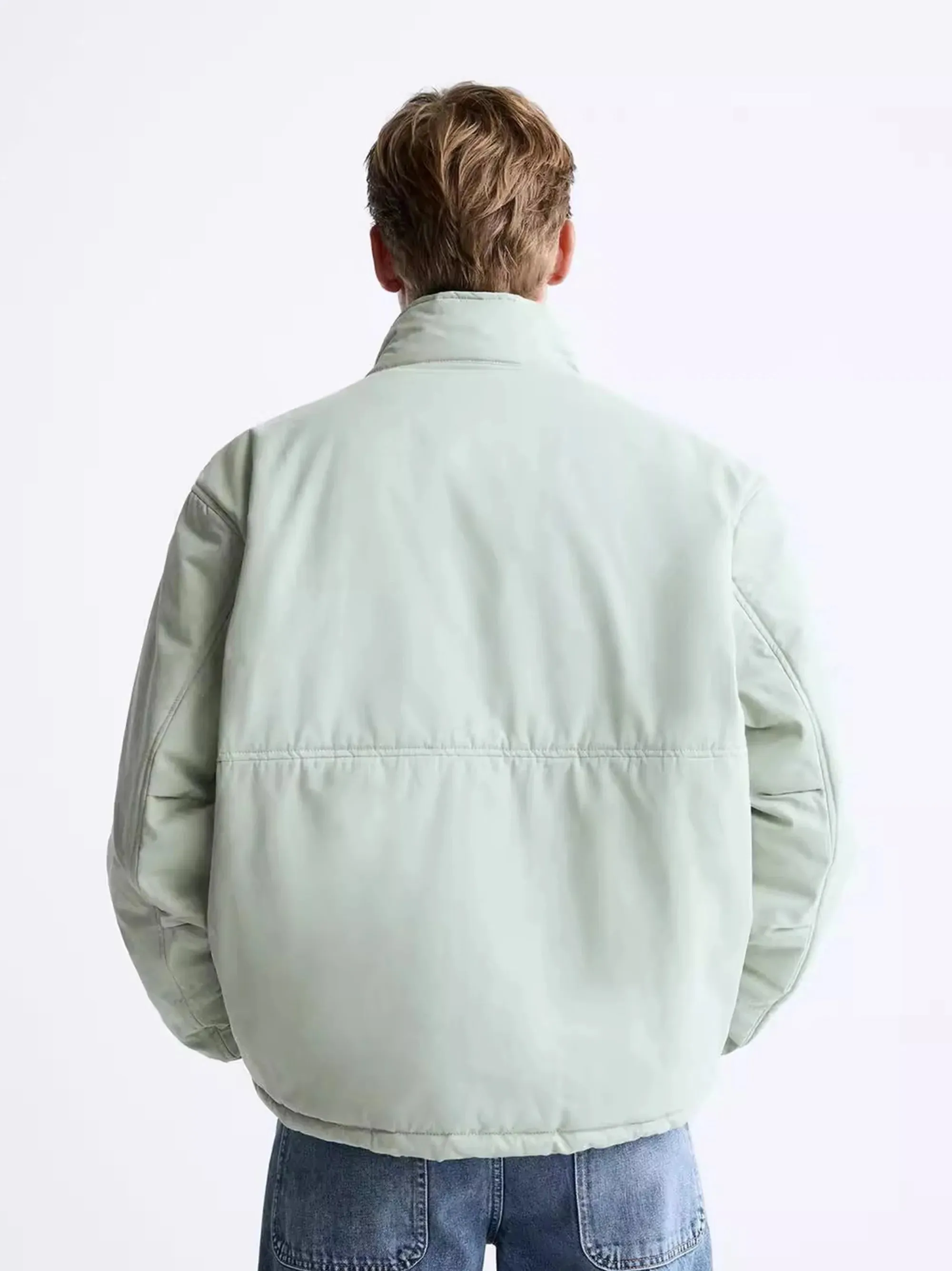 Men's Pocket Decoration Collar Long Light Green Jacket