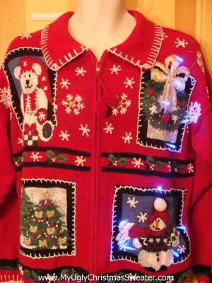 Need to Buy Christmas Sweaters? 80s Red Light Up Sweater Pom Pom Zip