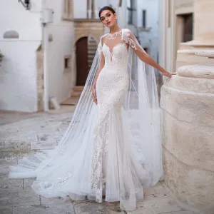 O-Neck Mermaid Wedding Dress with Shawl Appliques Tulle Luxury Bridal Dress