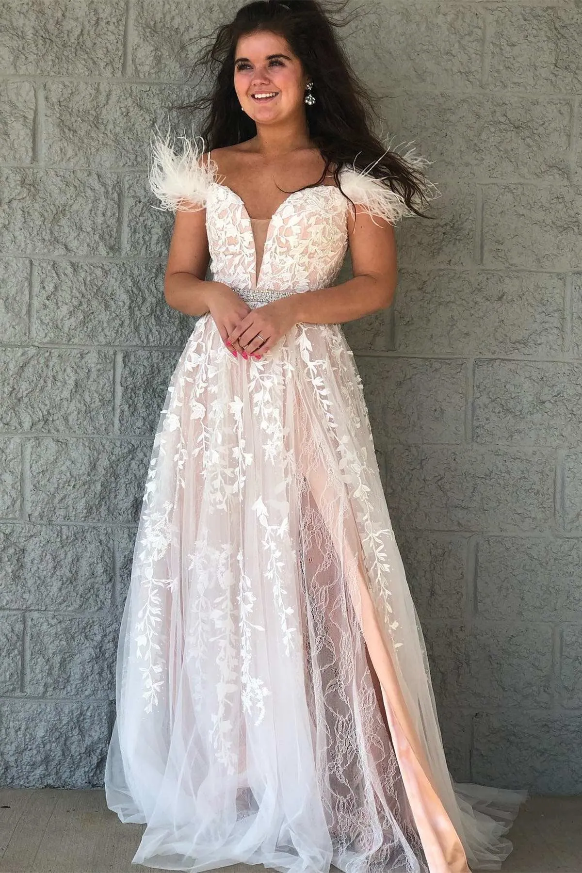 Off Shoulder V Neck Champagne Lace Long Prom Dress with Belt, Champagne Lace Formal Dress, Champagne Evening Dress A1795