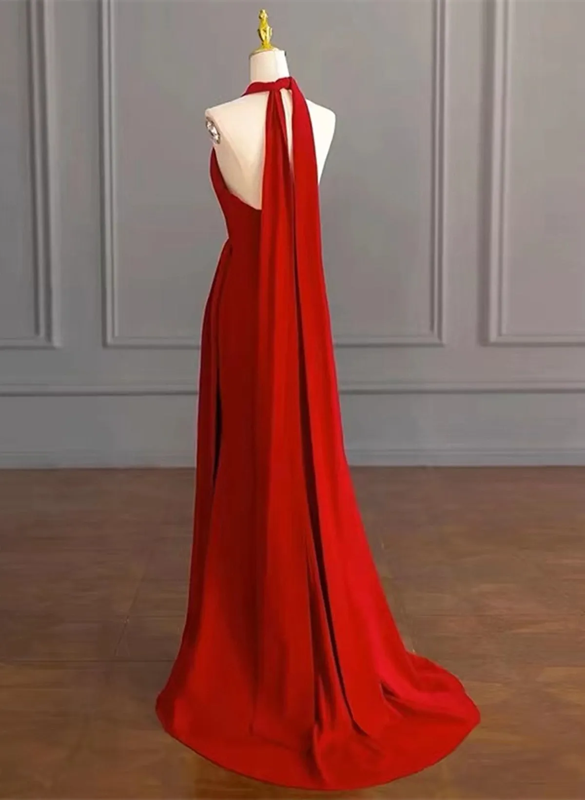 Red Halter A-line Simple Formal Dress, Red Long Evening Dress Party Dress