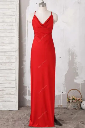 Red Jersey Strappy Back Floor Length Sexy Slit Evening Prom Dress