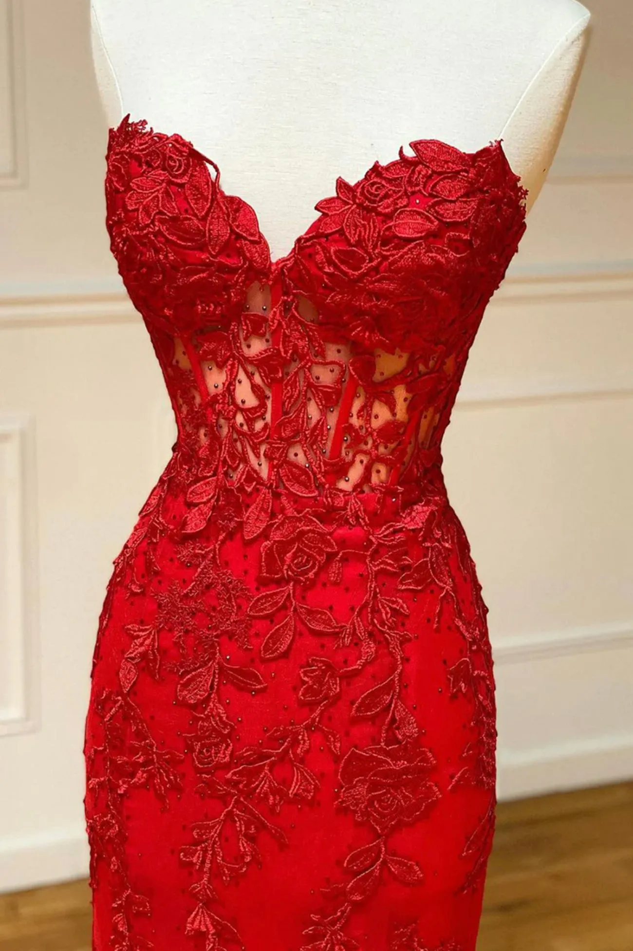 Red Strapless Lace Long Prom Dress Mermaid Evening Dress