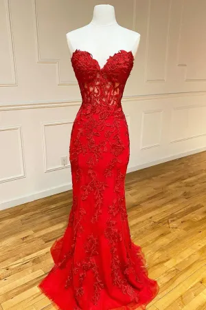 Red Strapless Lace Long Prom Dress Mermaid Evening Dress