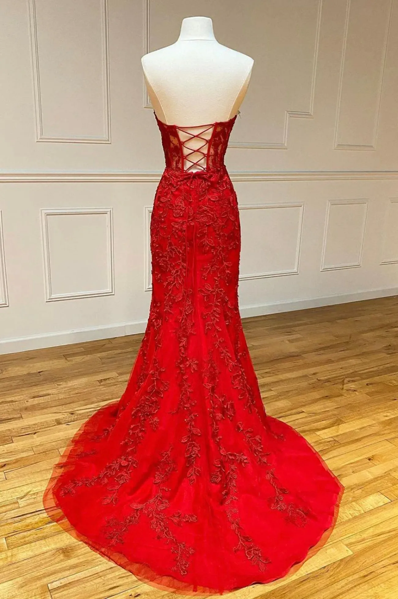 Red Strapless Lace Long Prom Dress Mermaid Evening Dress