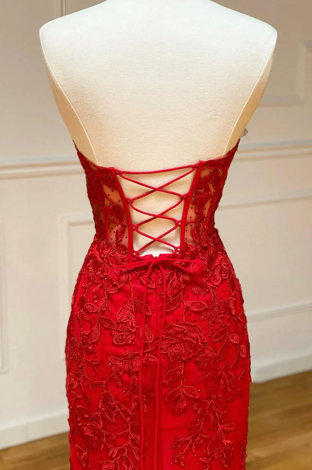 Red Strapless Lace Long Prom Dress Mermaid Evening Dress