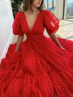 Red V Neck Tulle Tea Length Prom Dress Red Evening Dress