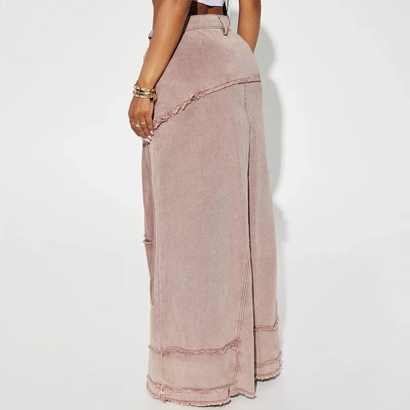 Ripped Patchwork Stitch High Slit High Waist Denim Skirts