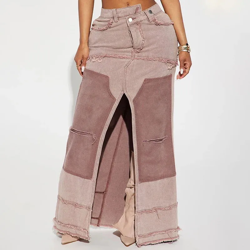 Ripped Patchwork Stitch High Slit High Waist Denim Skirts