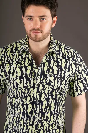 Seahorse Black Green Print Cotton Slim Fit Mens Shirt Short Sleeve