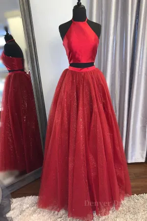 Shiny 2 Pieces Halter Neck Red Long Prom Dress Two Pieces Red Formal Graduation Evening Dress