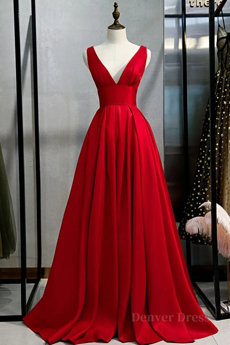 Simple A Line V Neck and V Back Red Satin Long Prom Dress V Neck Red Formal Graduation Evening Dress