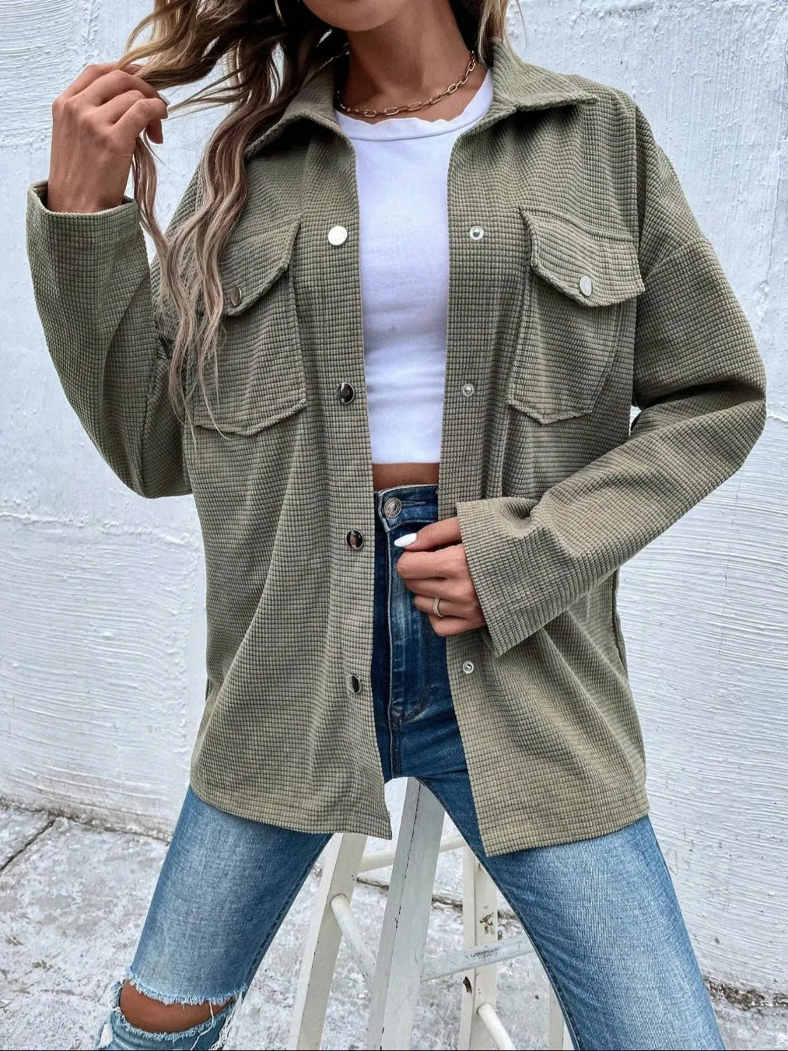 Snap Down Collared Neck Drop Sage Shoulder Jacket