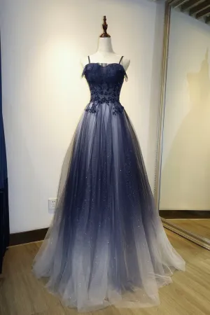 Spaghetti Strap Gradient Tulle Long Formal Dress Blue Evening Party Dress