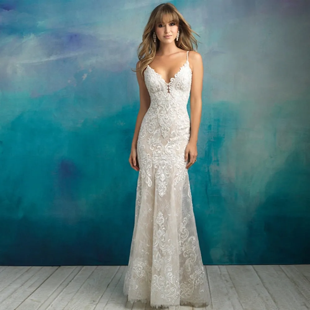 Spaghetti Straps V-neck Backless Beading Applique Mermaid Wedding Dress