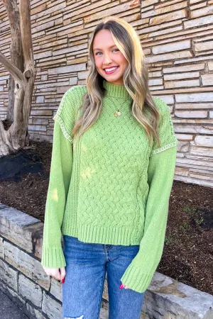 Stitch Detail Cable Knit Sweater Top-Avocado