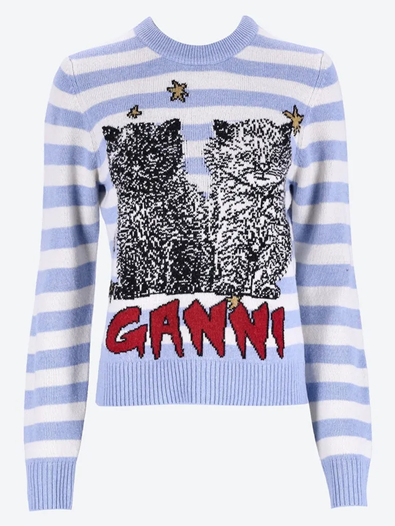 Striped graphic wool mix cats crewneck sweater