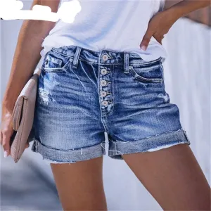 Summer High Waist Jeans Plus Size Ripped Casual Slim Fashion Elastic Blue Buttons Washed Short Denim Shorts