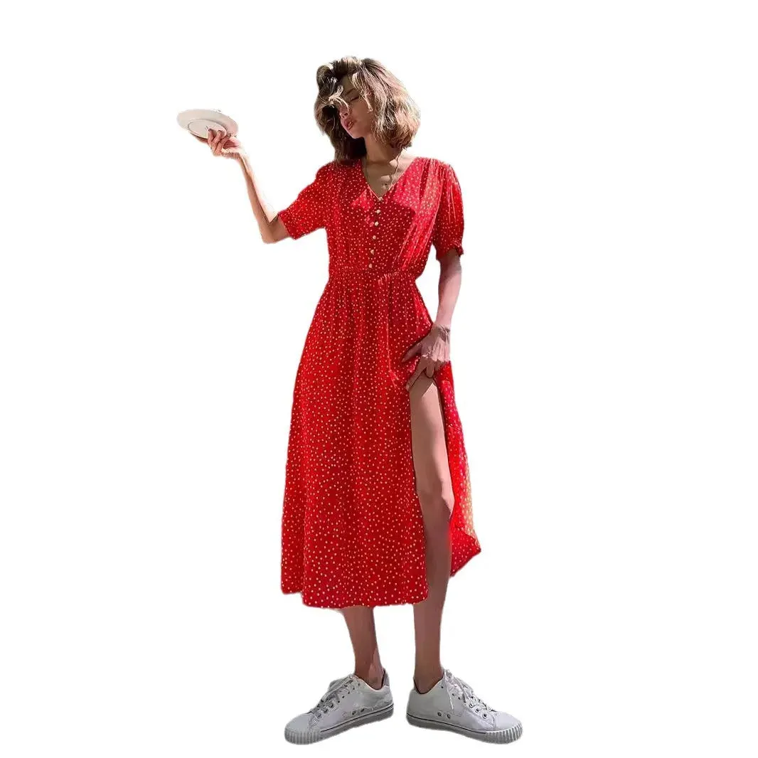 TAVIMART  -  Summer Elegant Dot Long Dress Women V Neck Single Breasted Short Sleeve High Split Casual Fashion Streetwear Red Robes