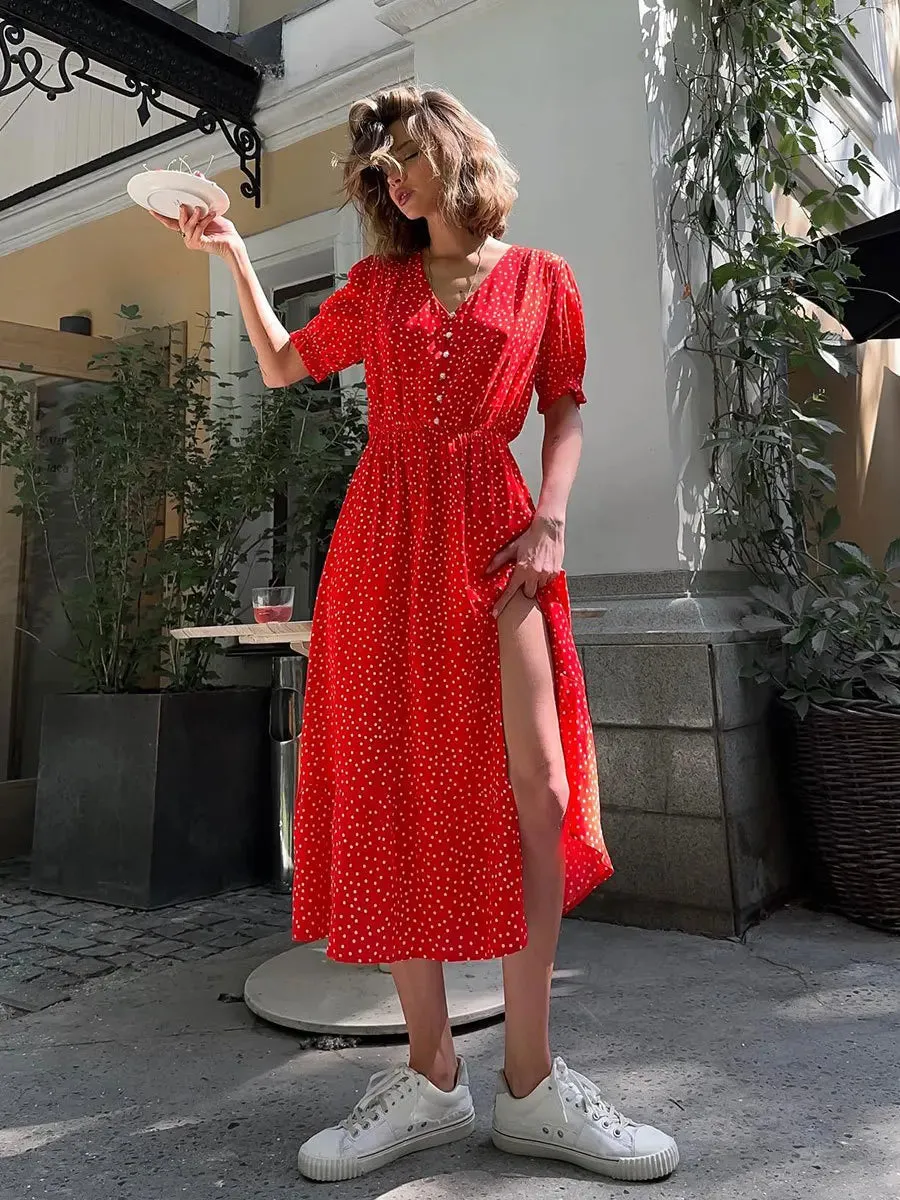 TAVIMART  -  Summer Elegant Dot Long Dress Women V Neck Single Breasted Short Sleeve High Split Casual Fashion Streetwear Red Robes