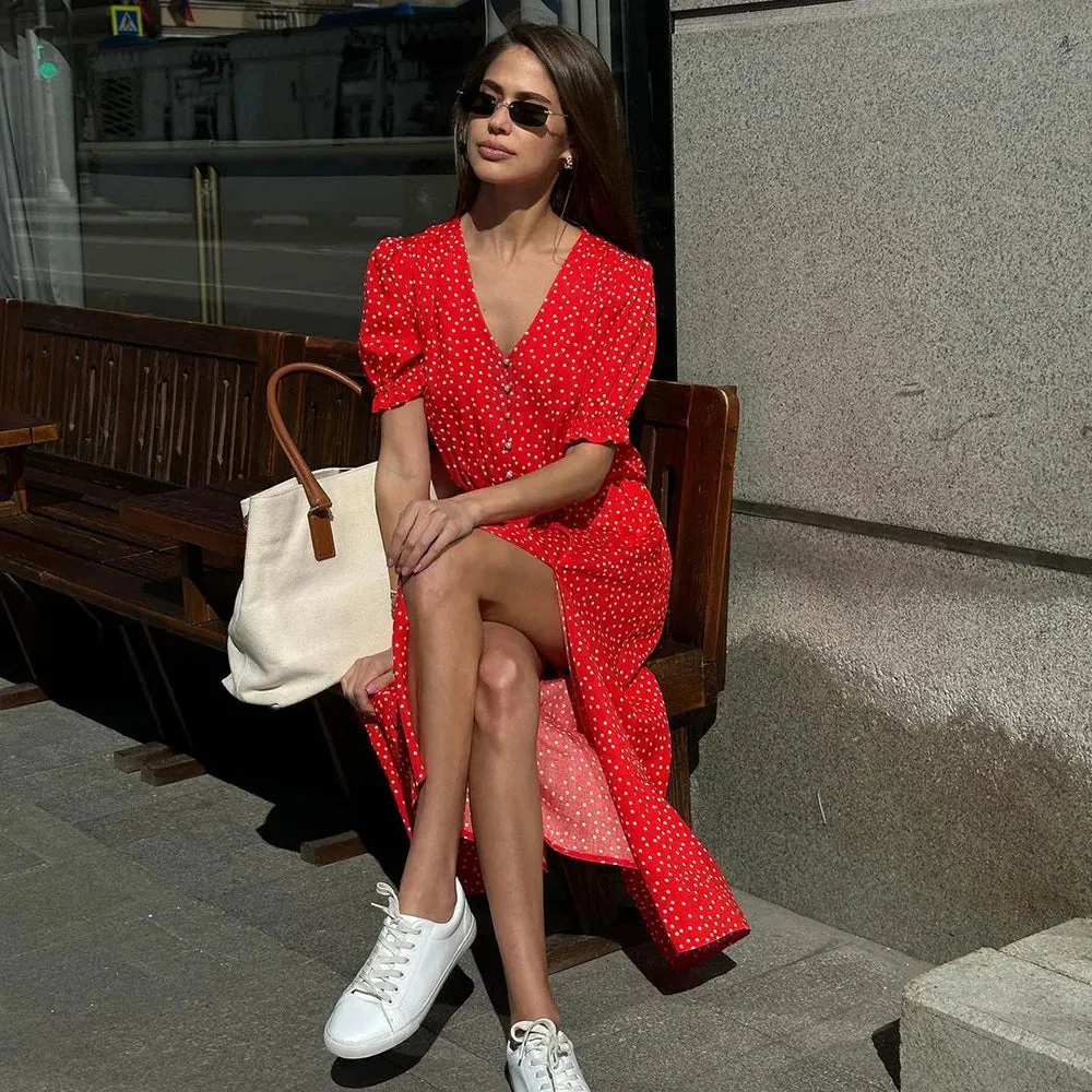 TAVIMART  -  Summer Elegant Dot Long Dress Women V Neck Single Breasted Short Sleeve High Split Casual Fashion Streetwear Red Robes