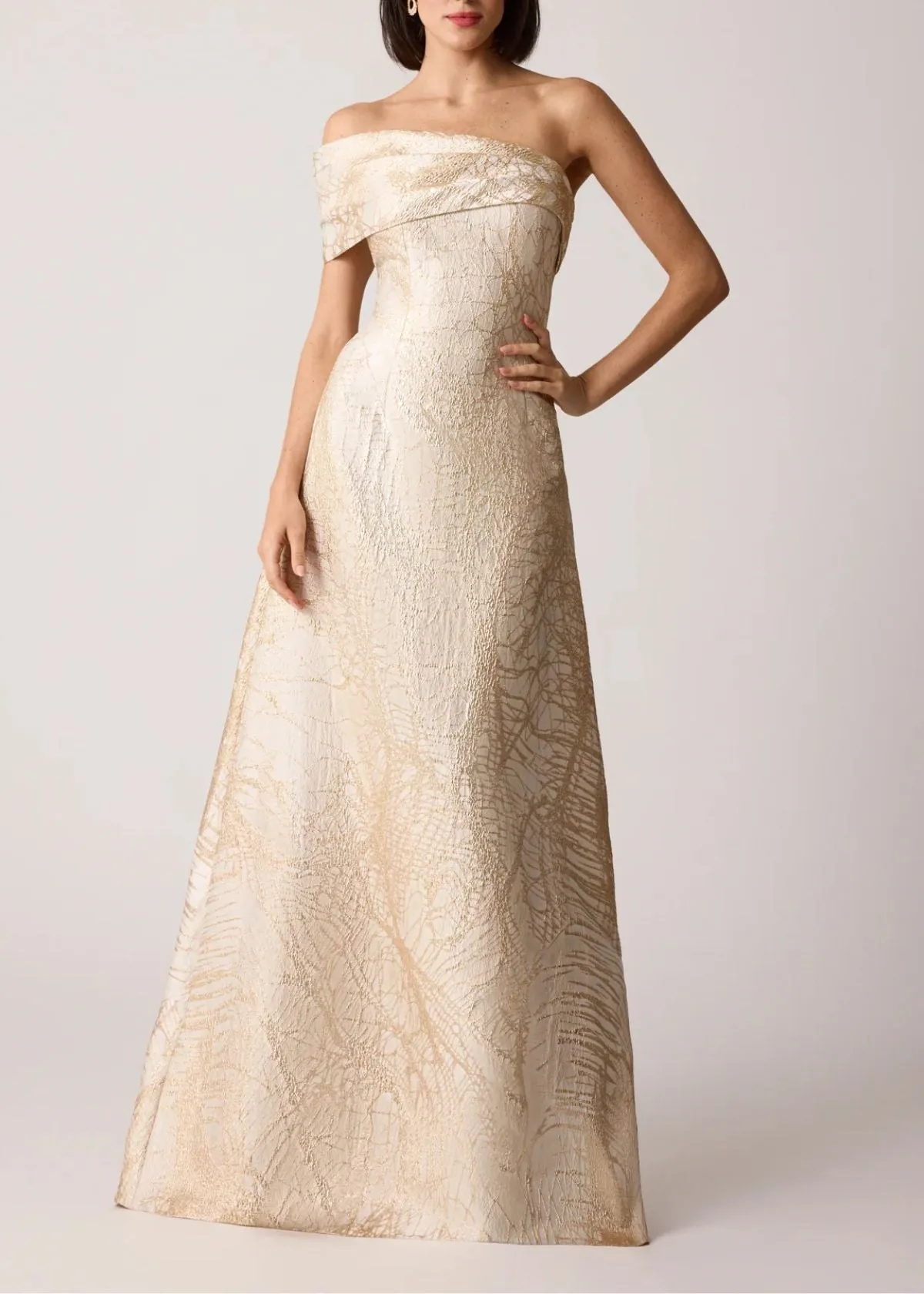 TERI JON One Shoulder Cuff Jacquard Evening Gown - Ivory/Gold