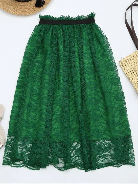 Trendy Ruffle Hem Lace Flare Skirt