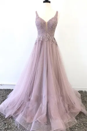 Unique v neck tulle lace long prom dress tulle evening dress