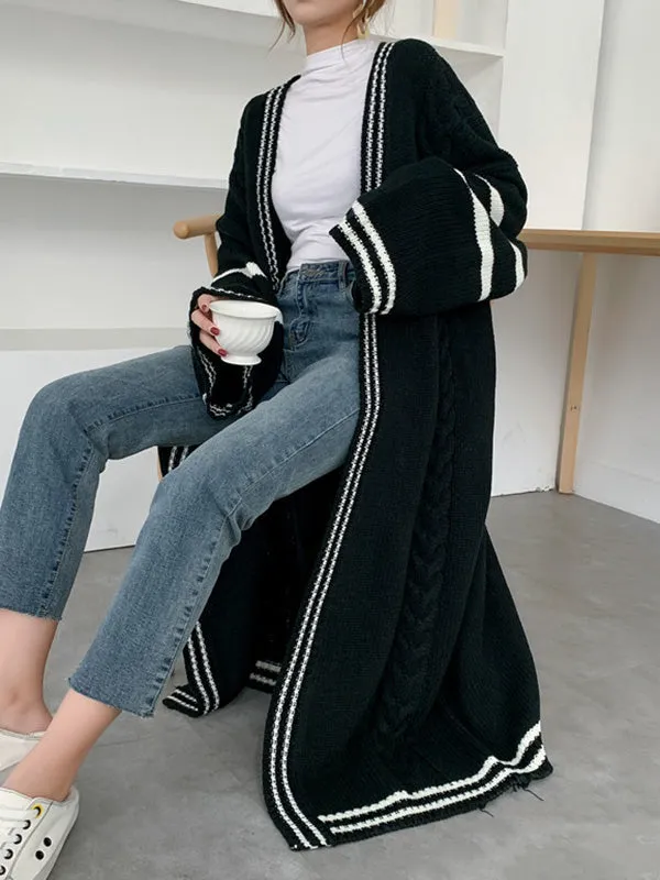 Urban Loose Contrast Color Striped Cardigan Coat