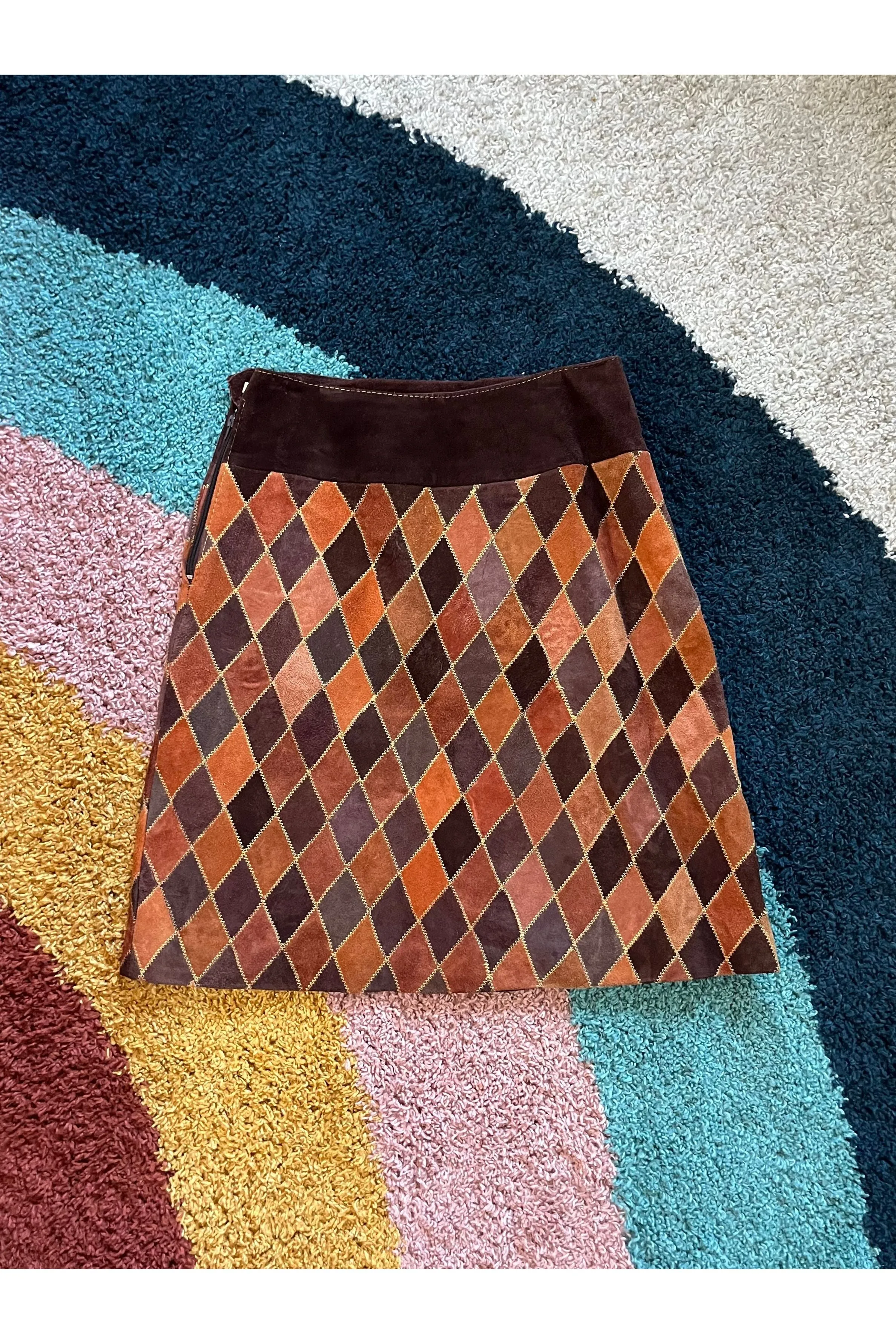 Vintage 70s Diamond Patchwork Suede Skirt