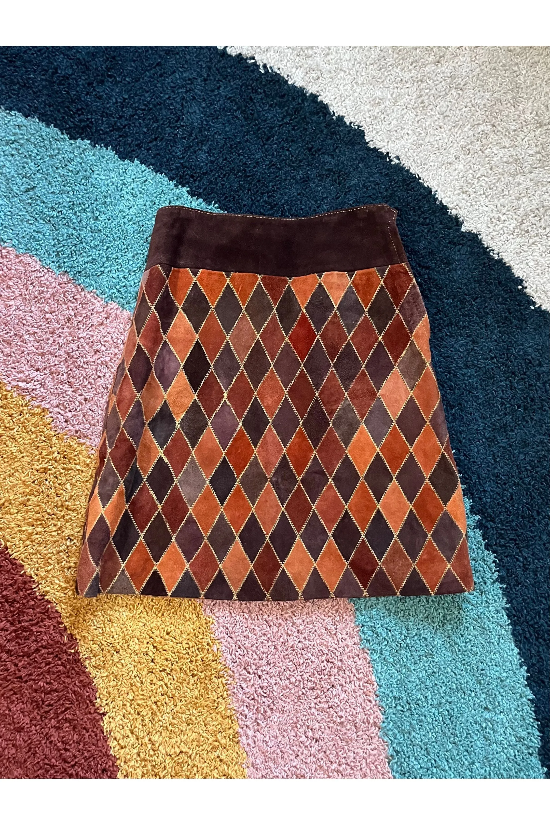 Vintage 70s Diamond Patchwork Suede Skirt