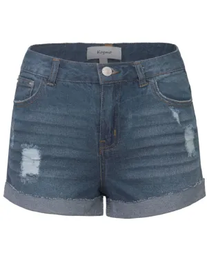 Women's Distressed Denim Shorts Folded Hem