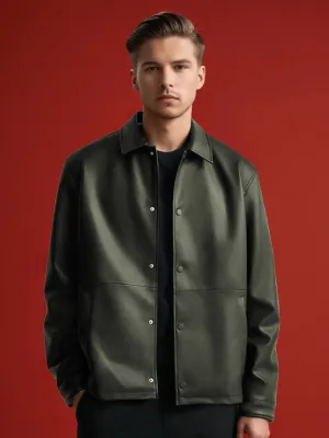 ZR Faux Leather Dark Green Button Down Jacket